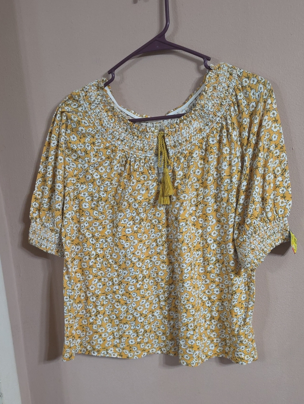 Lucky Brand Yellow Floral Smocked Tassel Blouse